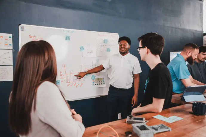 Zelifcam team members planning together around a whiteboard