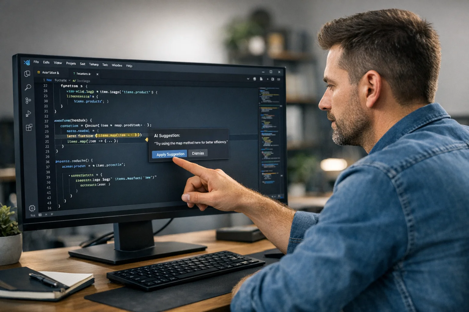 Developer reviewing AI-generated code suggestions on screen