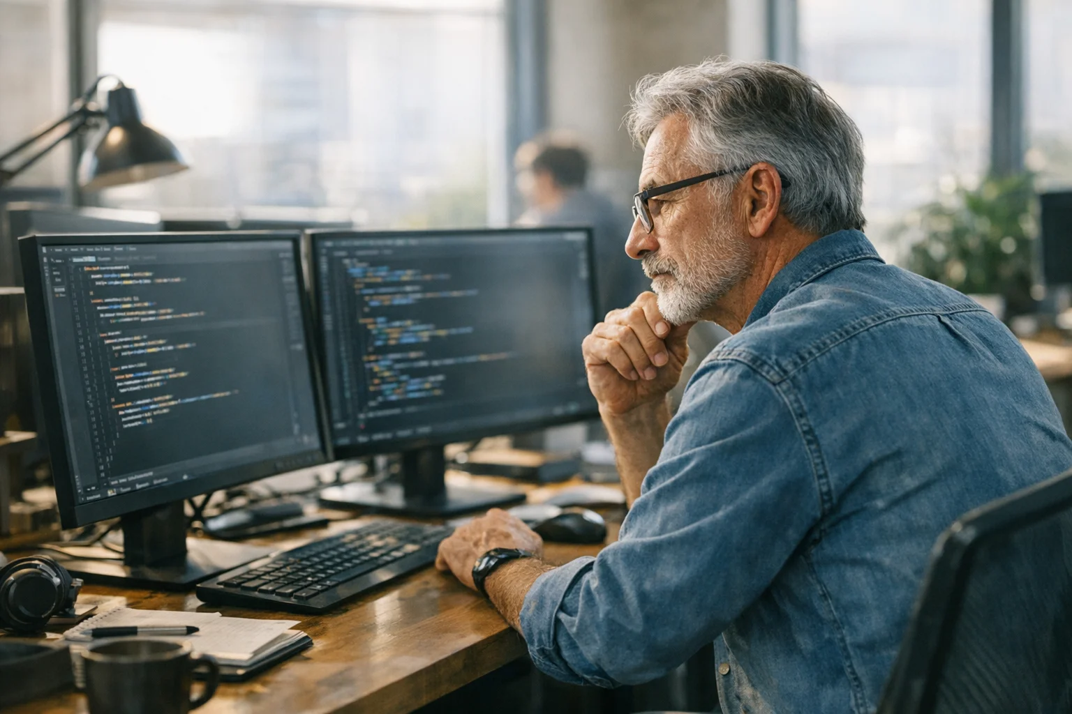 A senior US-based engineer reviewing code